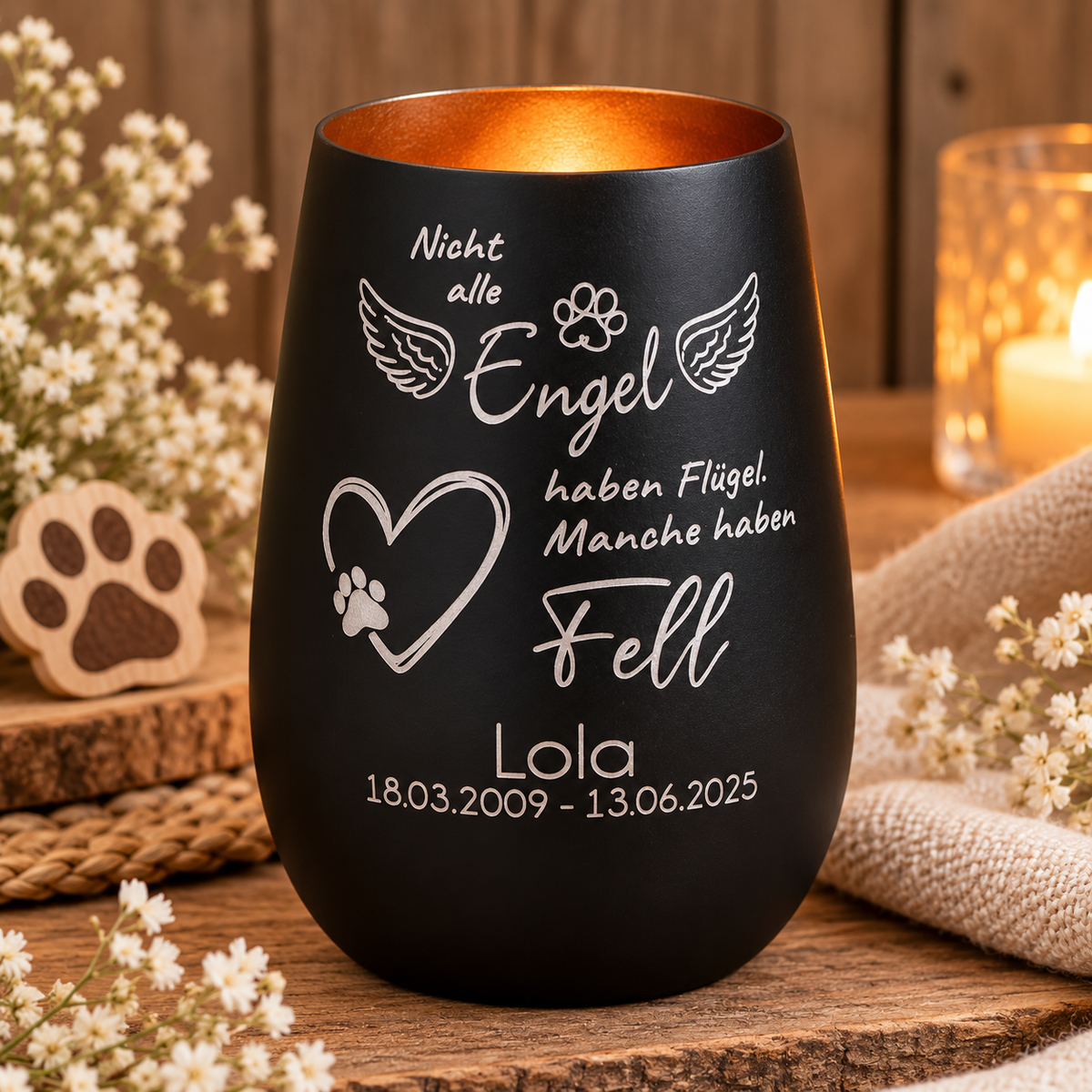Deko Light „Nicht alle Engel haben Flügel“ – Personalisiertes Windlicht als Erinnerung an Hund & Katze