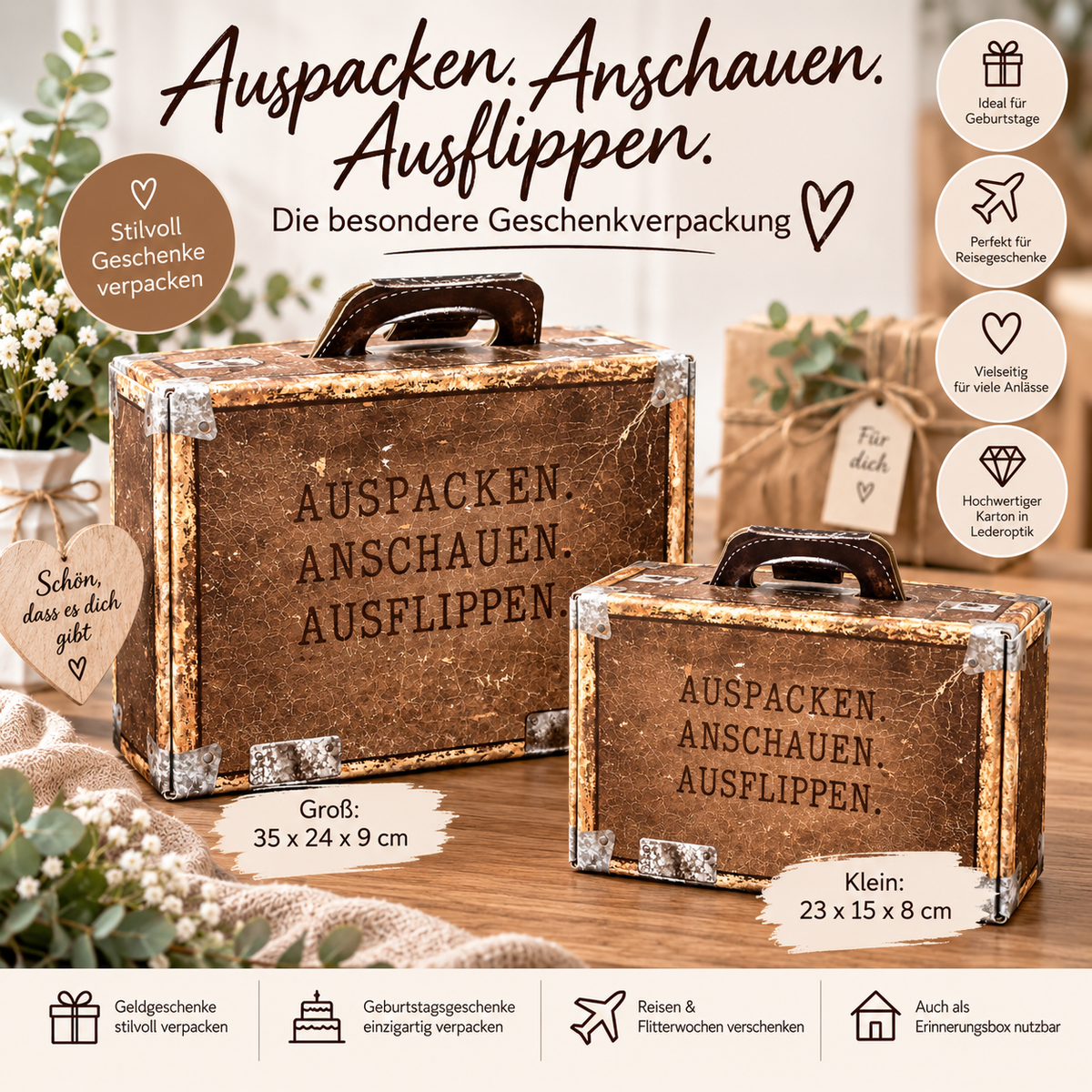 Geschenkkoffer lederoptik "Auspacken, Anschauen, Ausflippen" - originelle Geschenkverpackung