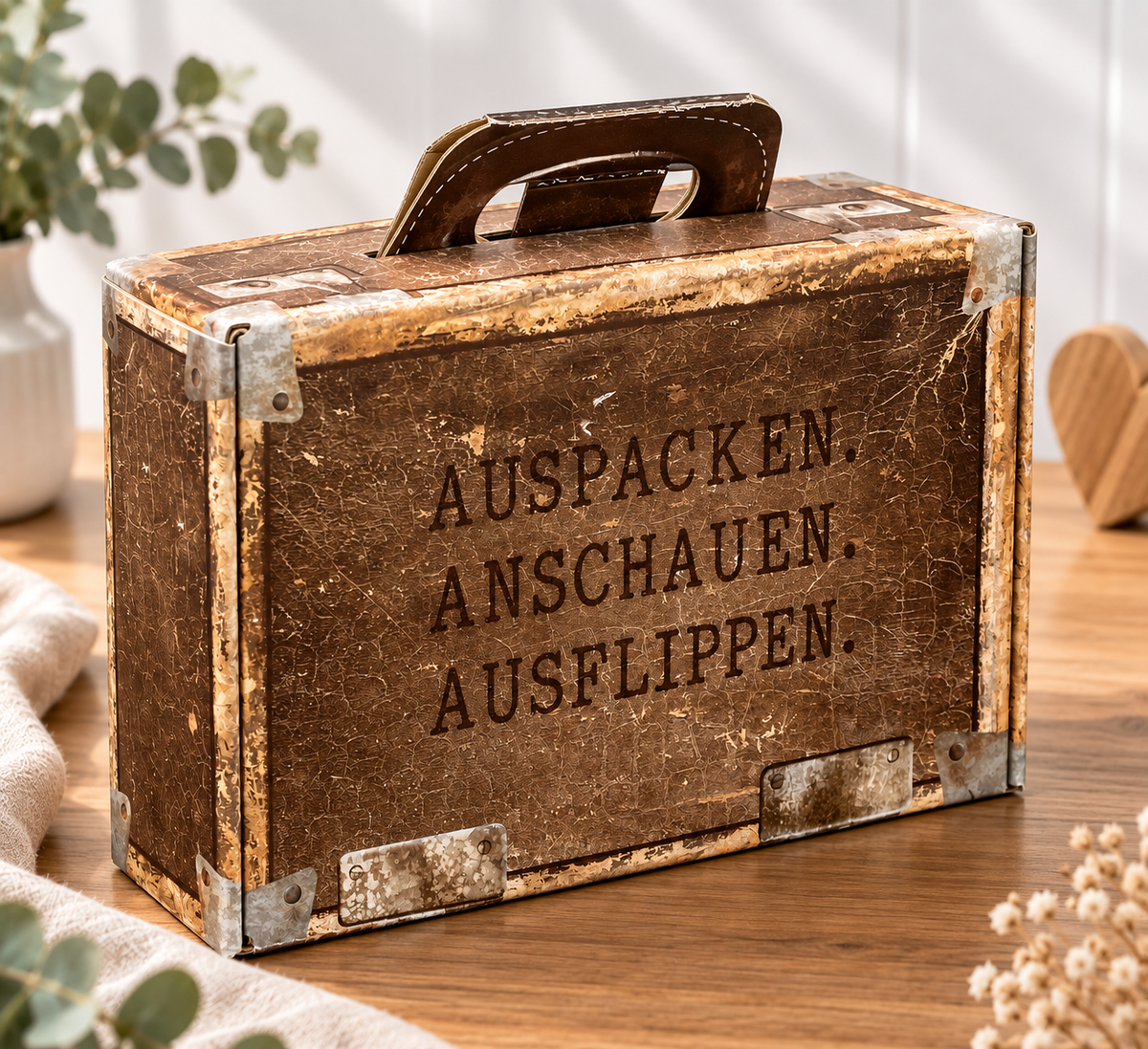 Geschenkkoffer lederoptik "Auspacken, Anschauen, Ausflippen" - originelle Geschenkverpackung