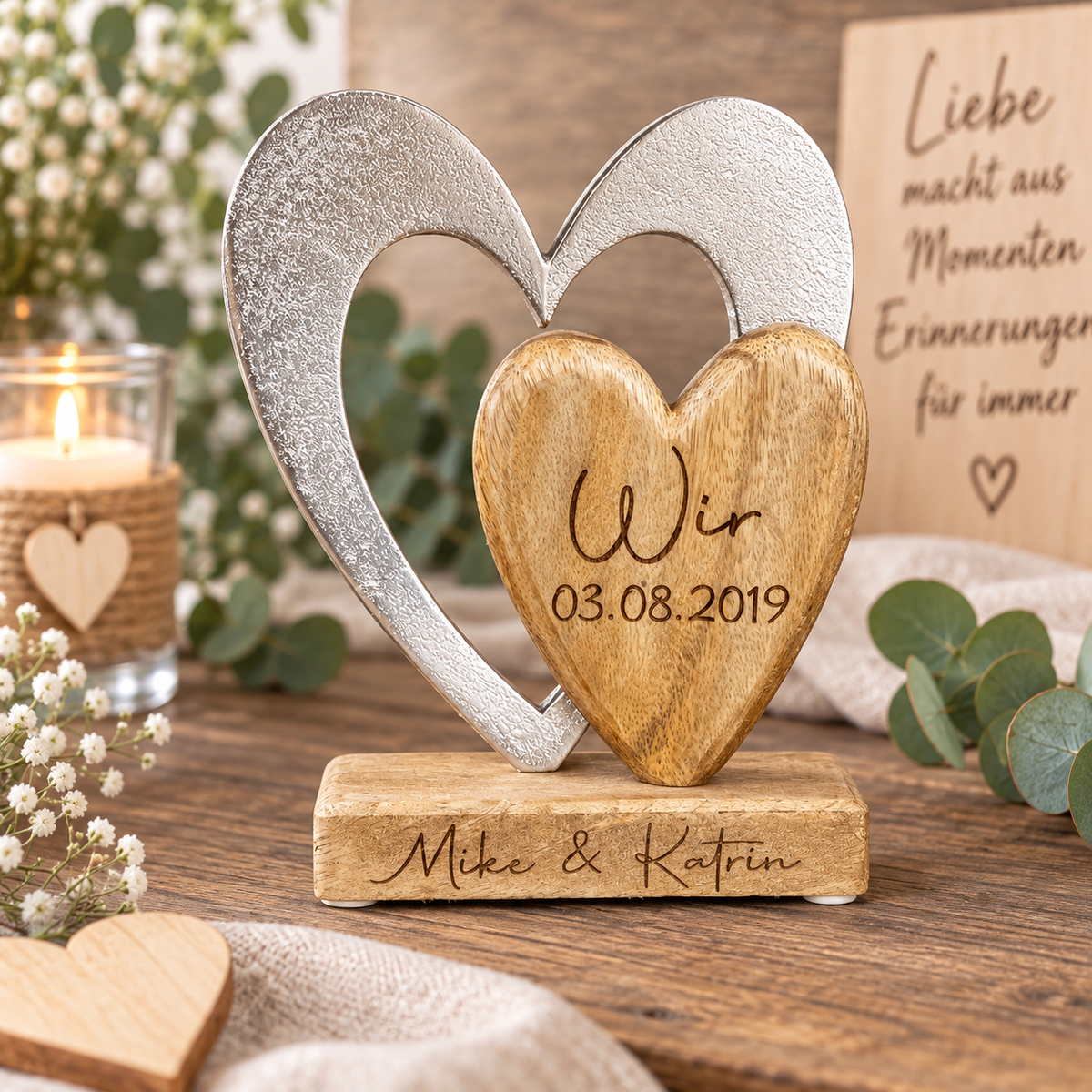 Dekoherzen aus Mangoholz und Metall | personalisiert
