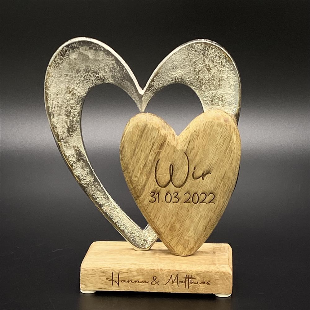 Dekoherzen aus Mangoholz und Metall, personalisierbar