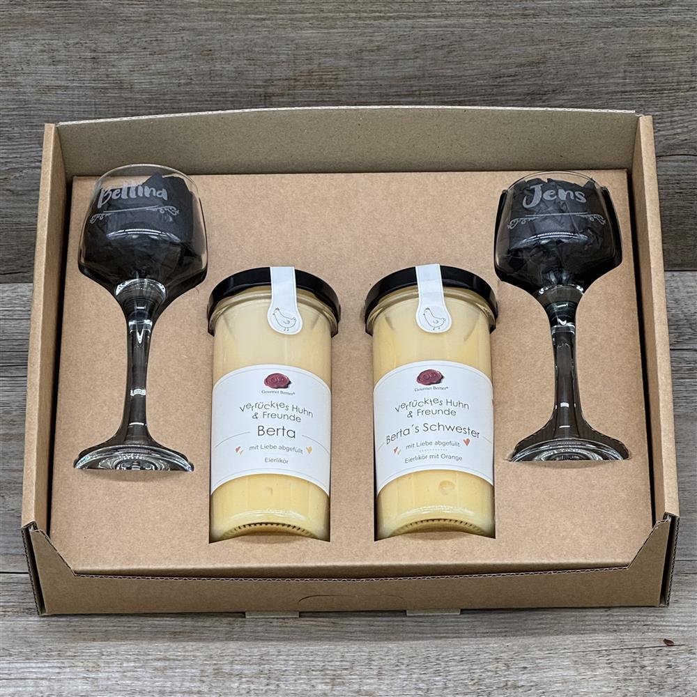 Eierlikörpaket, inkl. 2 Sorten Eierlikör und 2 Gläsern, personalisierbar
