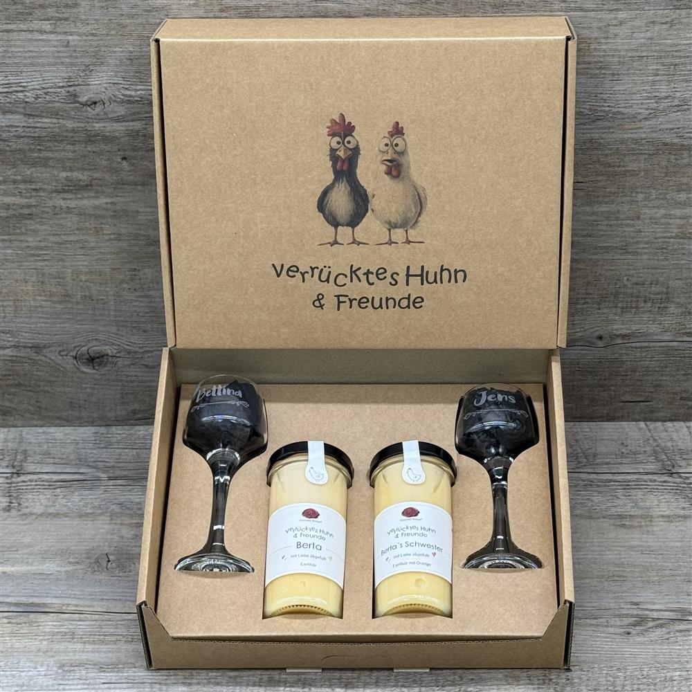 Eierlikörpaket, inkl. 2 Sorten Eierlikör und 2 Gläsern, personalisierbar