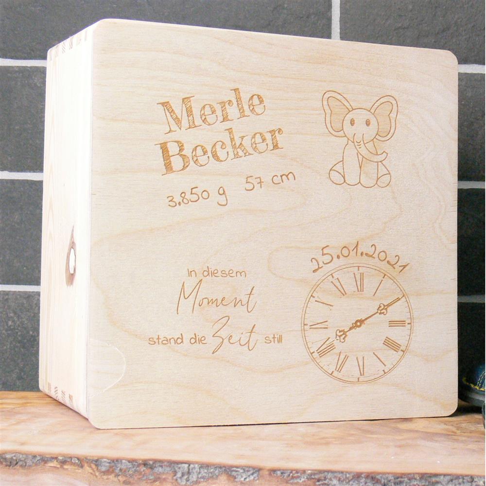 Erinnerungsbox Geburt, Lasergravur Elefant, personalisiert