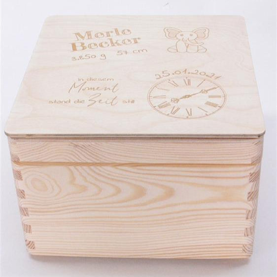 Erinnerungsbox Geburt, Lasergravur Elefant, personalisiert