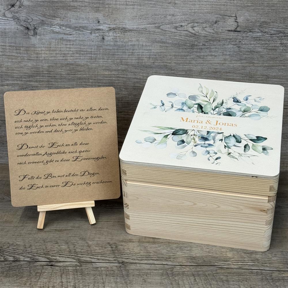 Erinnerungsbox Hochzeit, Aufdruck 'Bouquet Eukalyptus', personalisiert