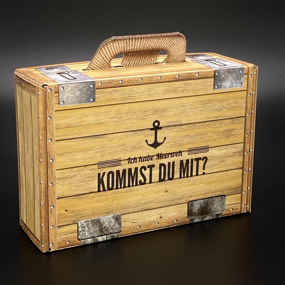 Geschenkkoffer in Holzoptik „Ich habe Meerweh – Kommst du mit?“ | Geschenkverpackung für Reisegutscheine & Geldgeschenke