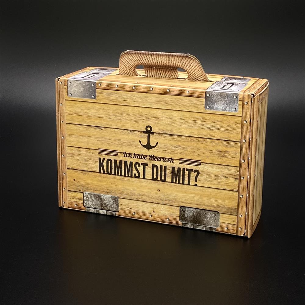 Geschenkkoffer in Holzoptik „Ich habe Meerweh – Kommst du mit?“ | Geschenkverpackung für Reisegutscheine & Geldgeschenke