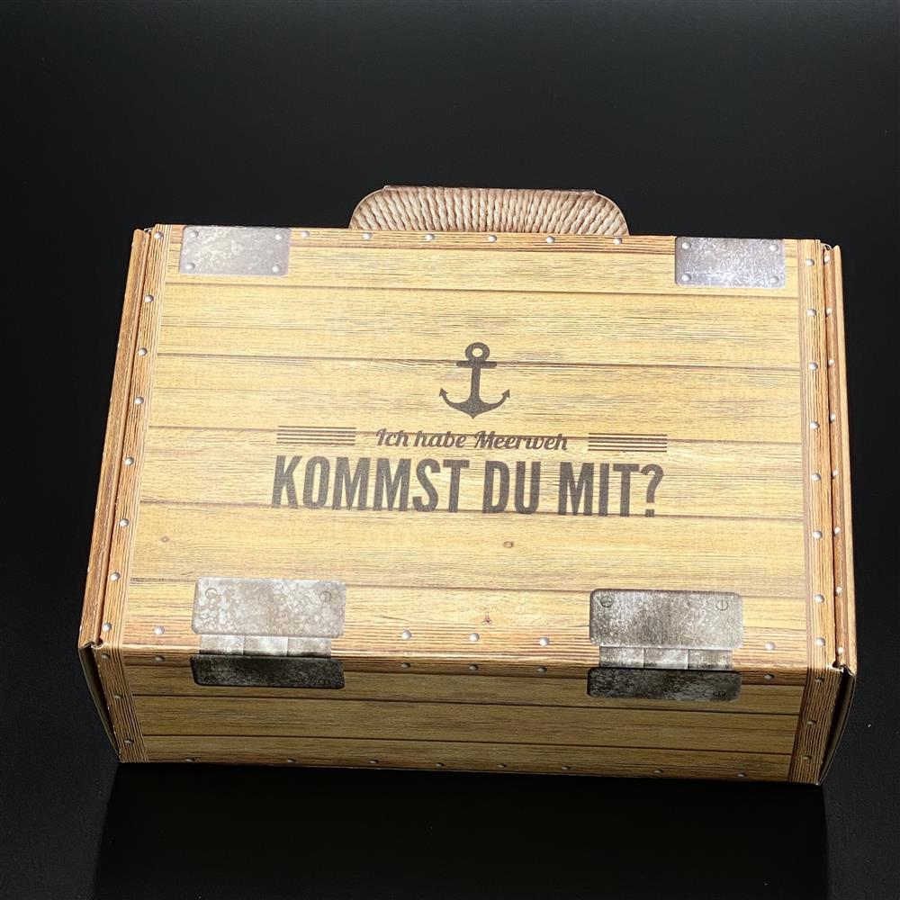 Geschenkkoffer in Holzoptik „Ich habe Meerweh – Kommst du mit?“ | Geschenkverpackung für Reisegutscheine & Geldgeschenke