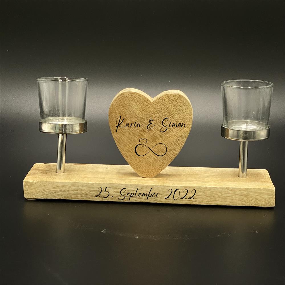 Herz aus Mangoholz mit 2 Windlichtern, personalisierbar