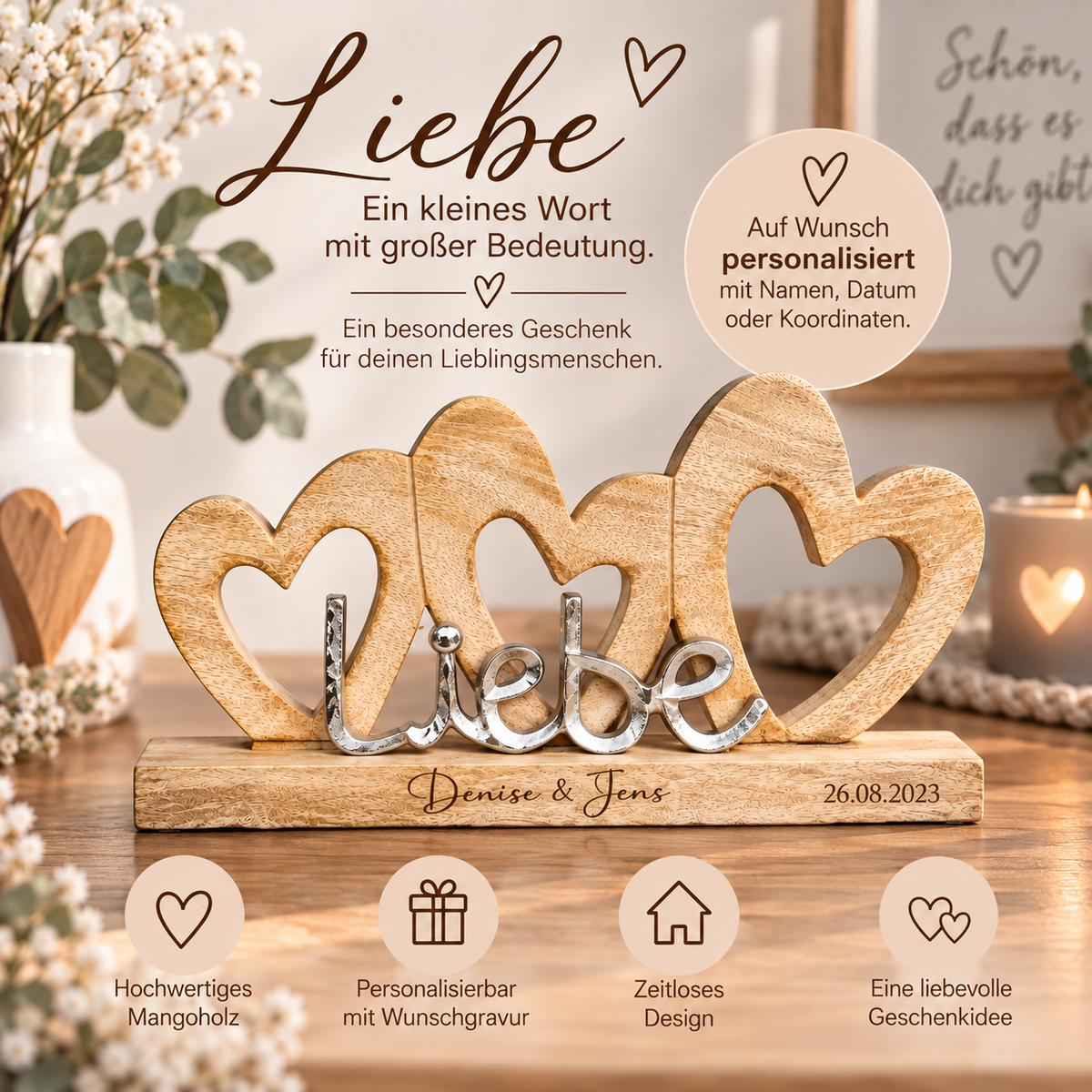 Herzgruppe aus Mangoholz mit dem Metall Schriftzug "Liebe" | personalisierbar