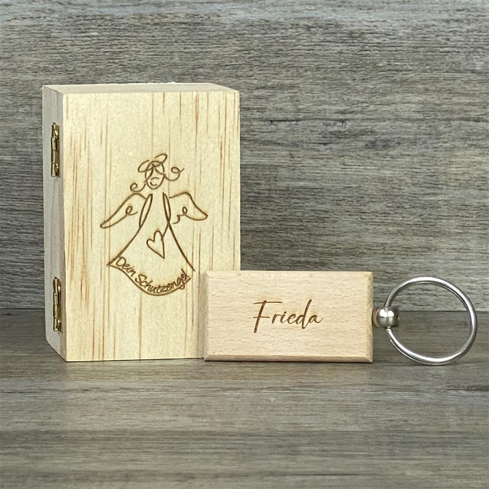 Holzkästchen Schutzengel mit Schlüsselanhänger, personalisiert