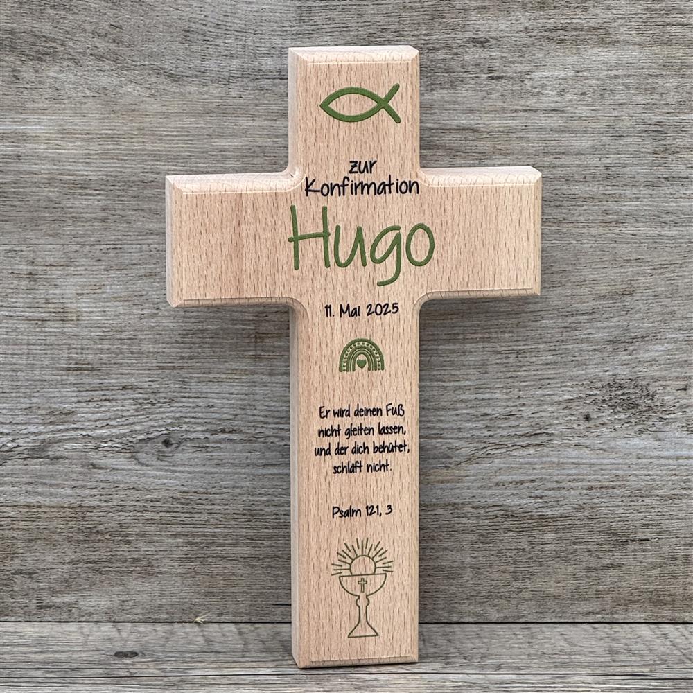 Holzkreuz, Konfirmation - Fisch, personalisiert