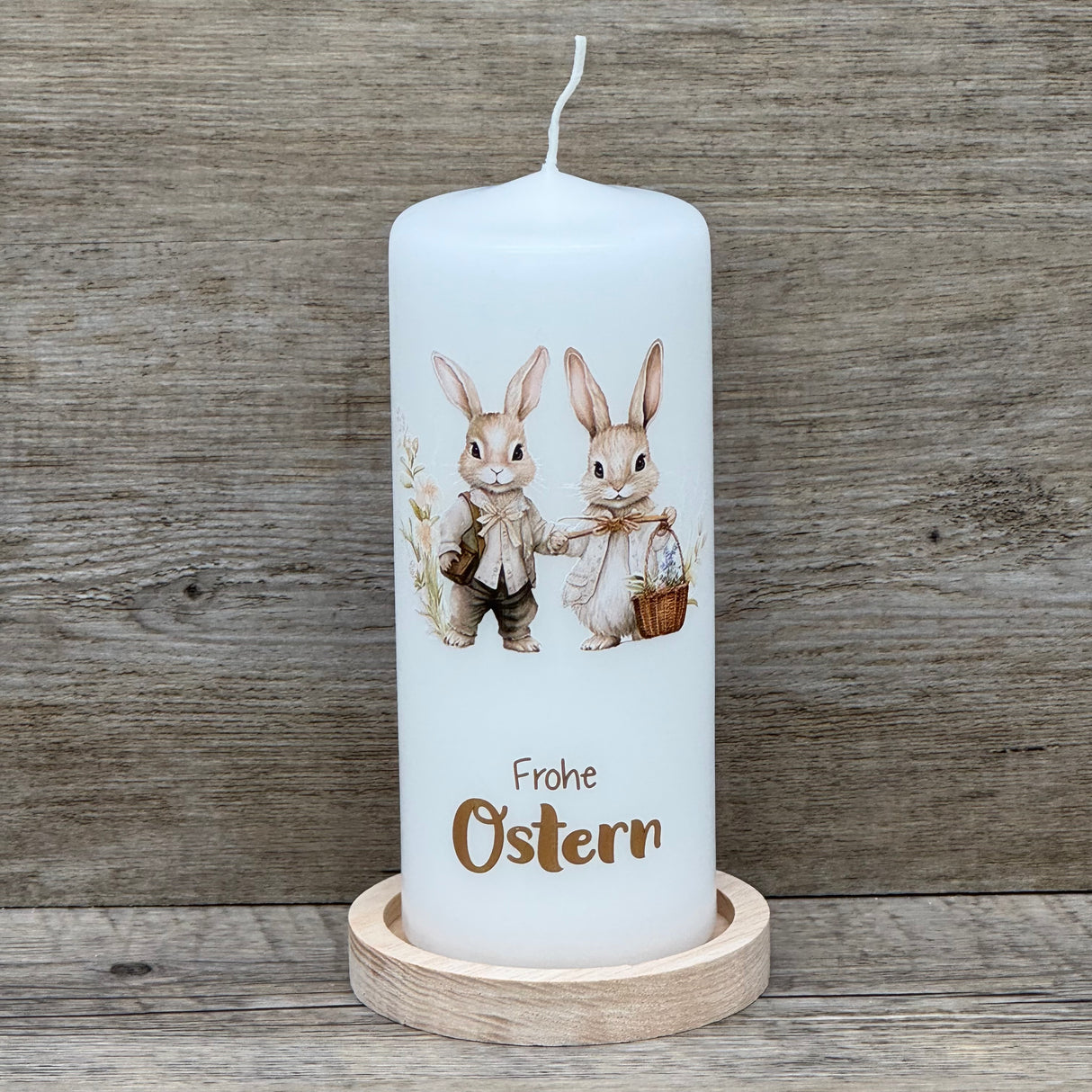 Stumpenkerze Frohe Ostern, Hasenpaar