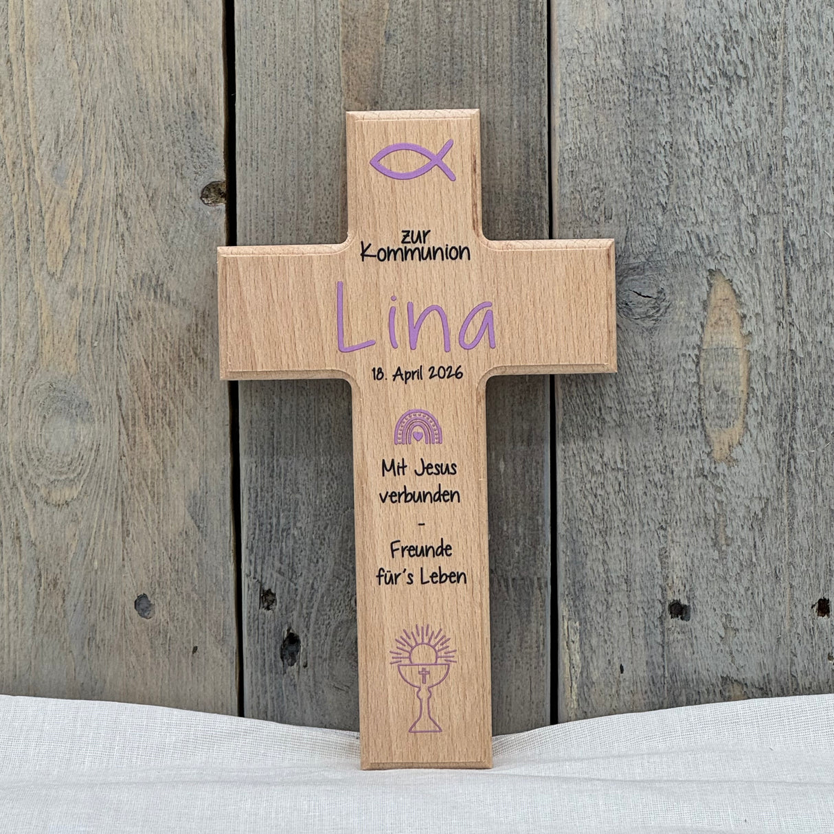 Holzkreuz, Kommunion - Fisch, personalisiert