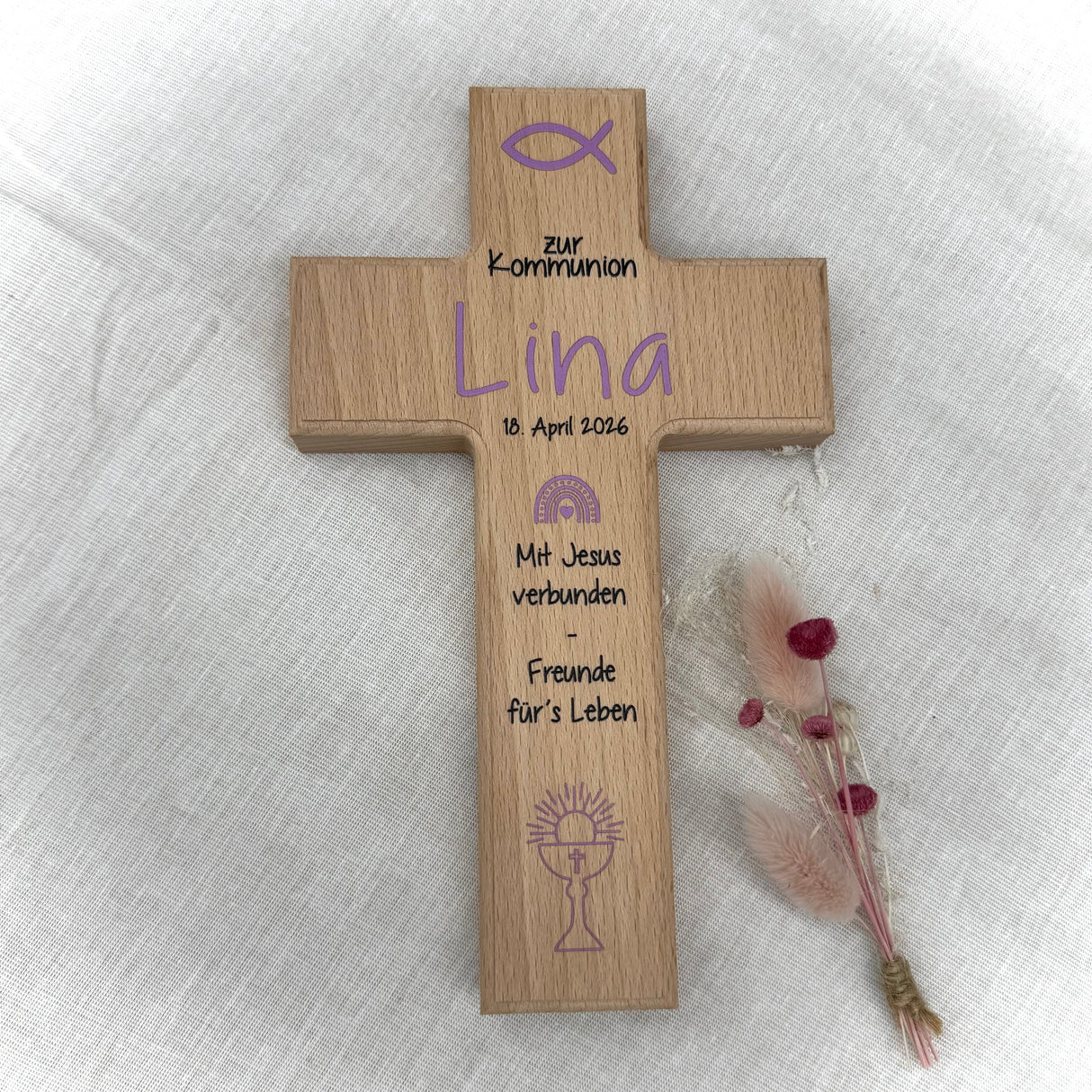 Holzkreuz, Kommunion - Fisch, personalisiert