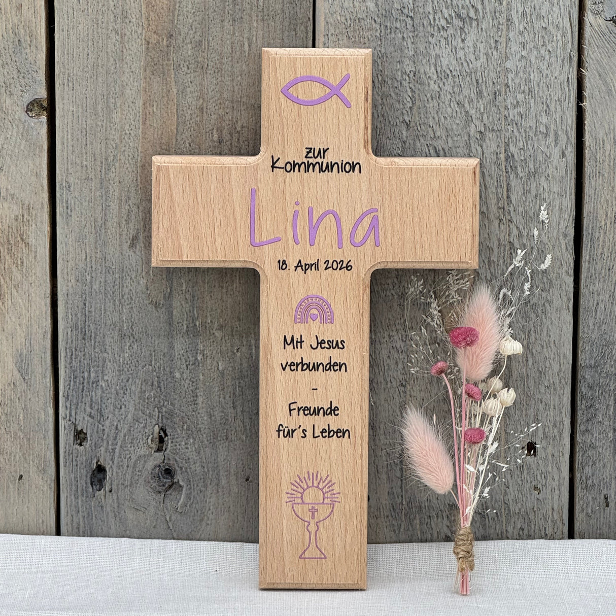 Holzkreuz, Kommunion - Fisch, personalisiert