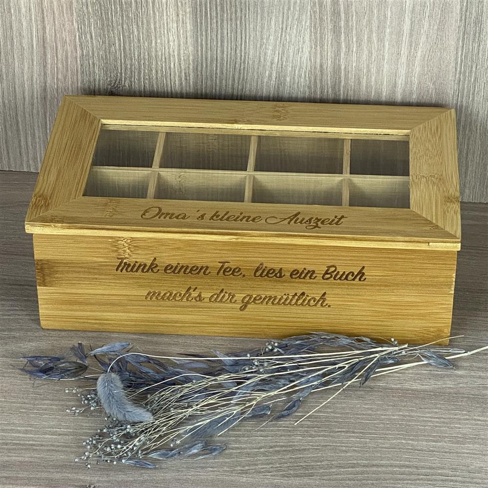 Teebox aus Bambus, 8 Fächer, personalisiert