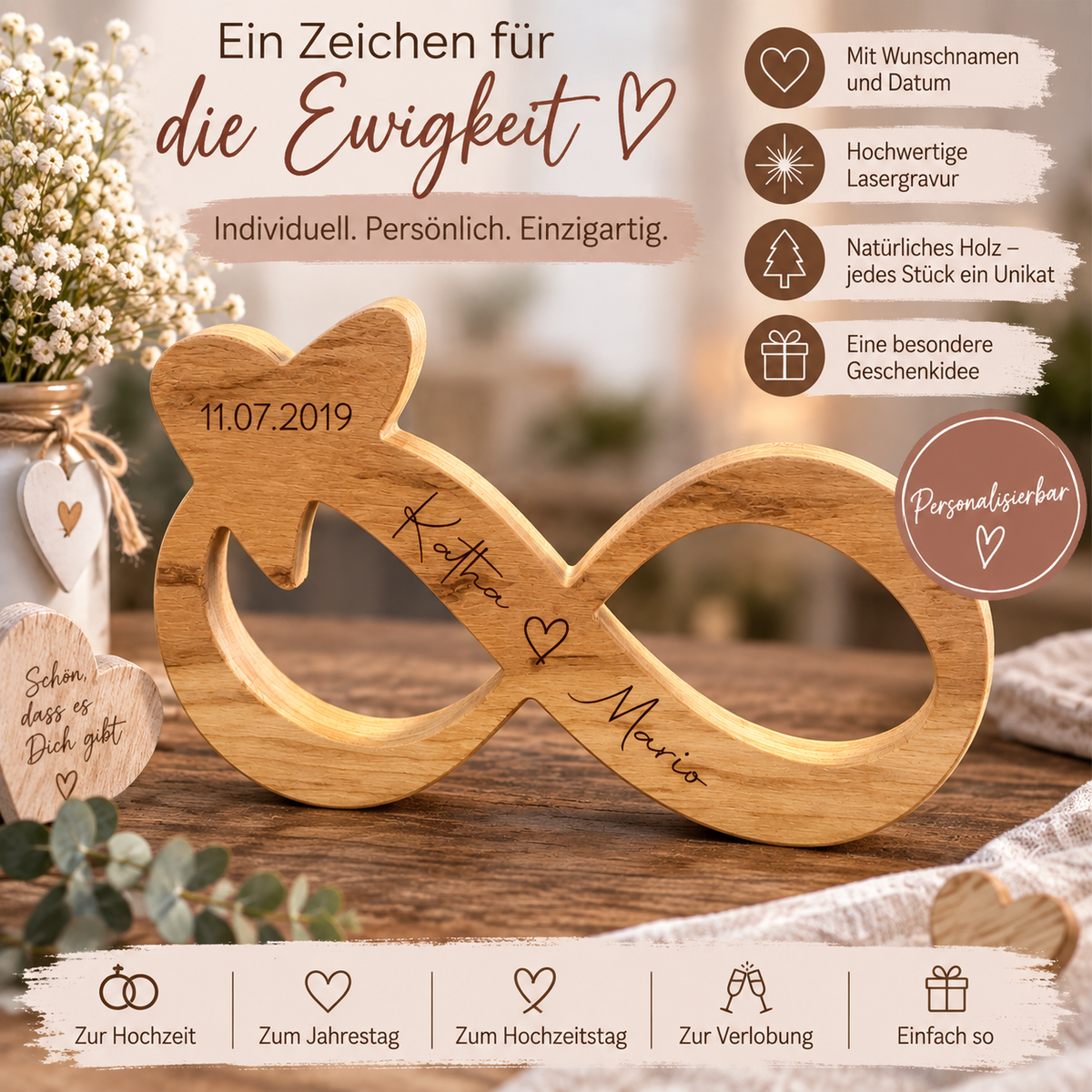 Unendlichkeitszeichen aus Holz personalisiert – Geschenk für Paare