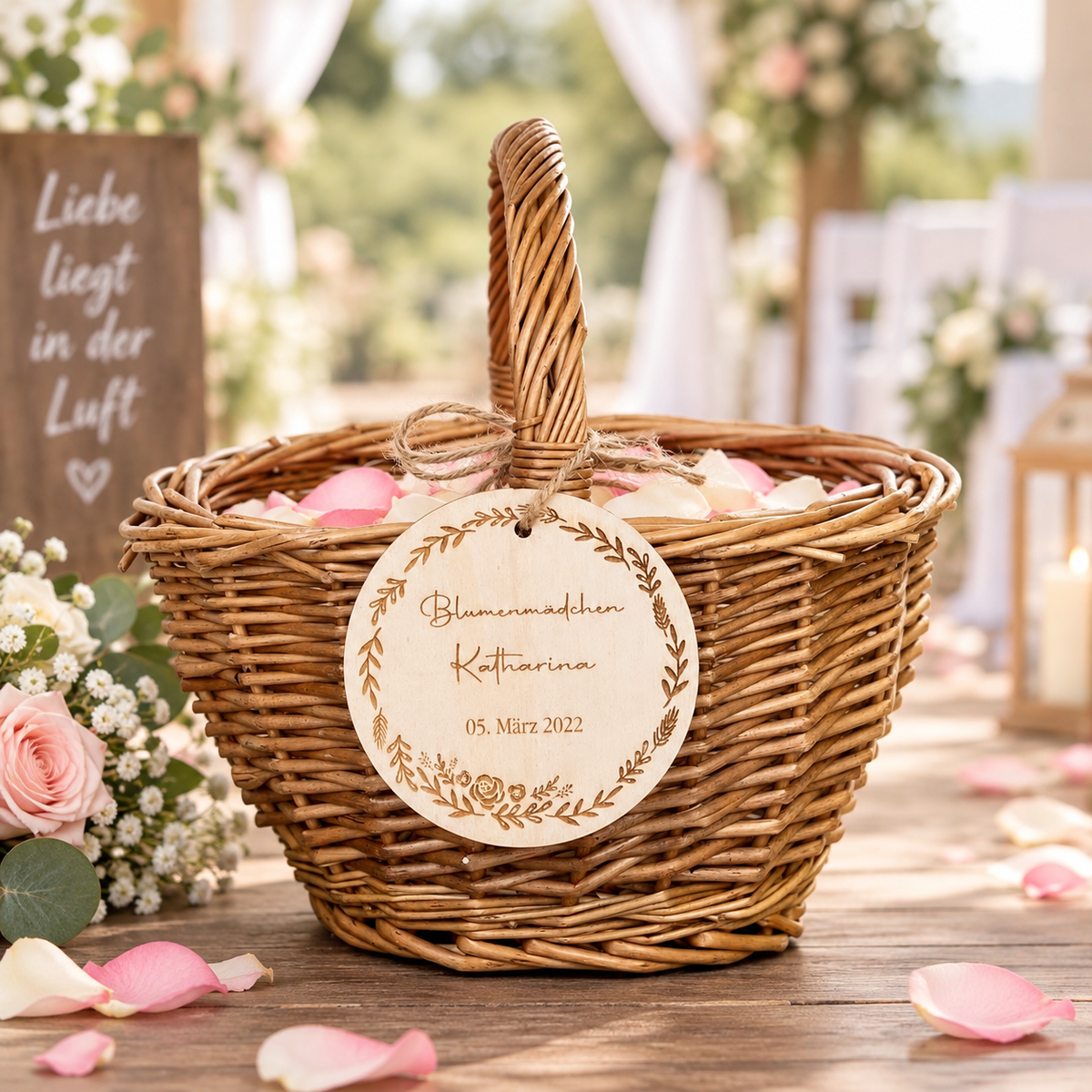 Personalisierter Blumenmädchen Korb zur Hochzeit mit Wunschname