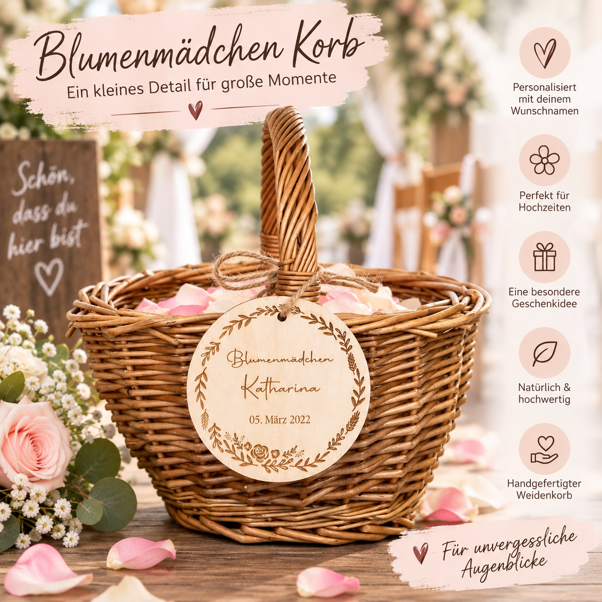 Personalisierter Blumenmädchen Korb zur Hochzeit mit Wunschname