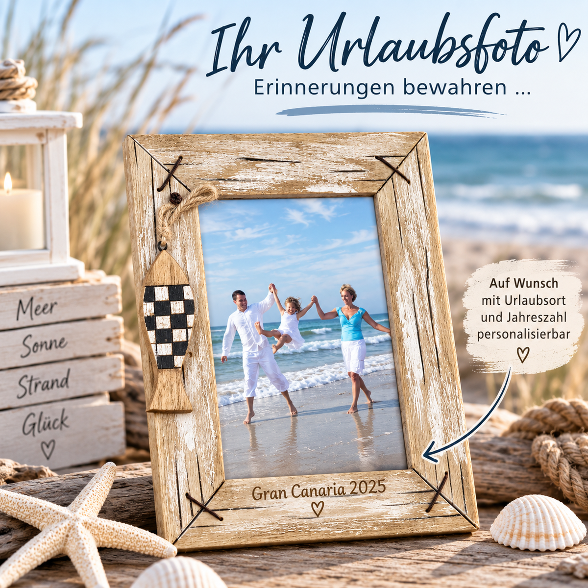 Maritimer Bilderrahmen aus Altholz mit Deko-Fisch | personalisiert