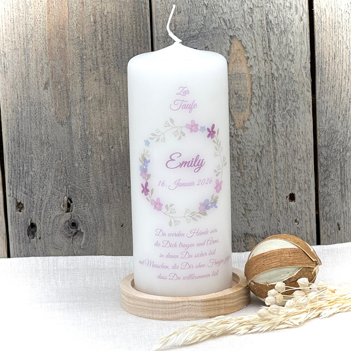 Personalisierte Taufkerze - Kranz