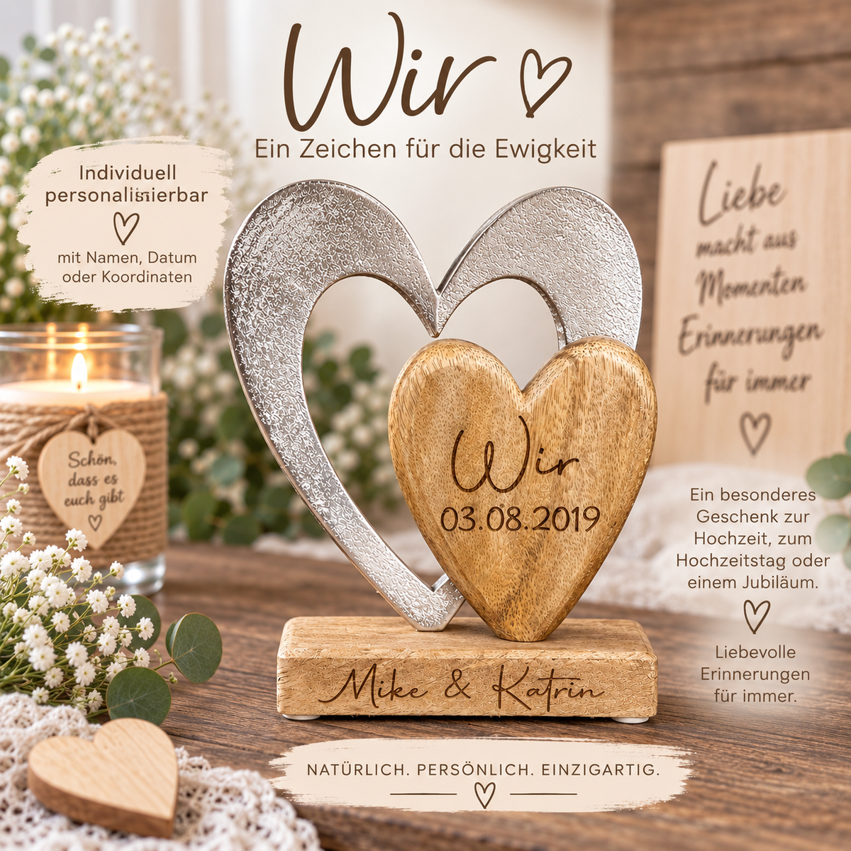 Dekoherzen aus Mangoholz und Metall | personalisiert