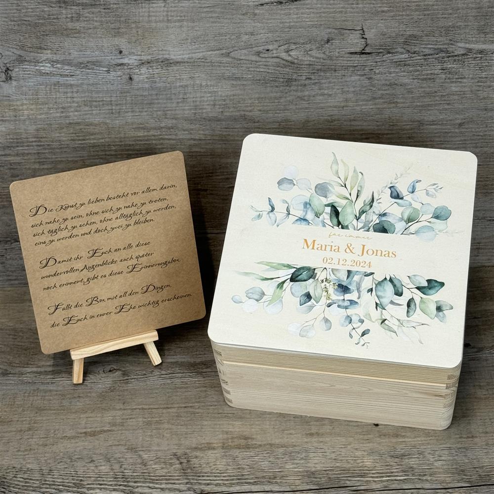 Erinnerungsbox Hochzeit, Aufdruck 'Bouquet Eukalyptus', personalisiert
