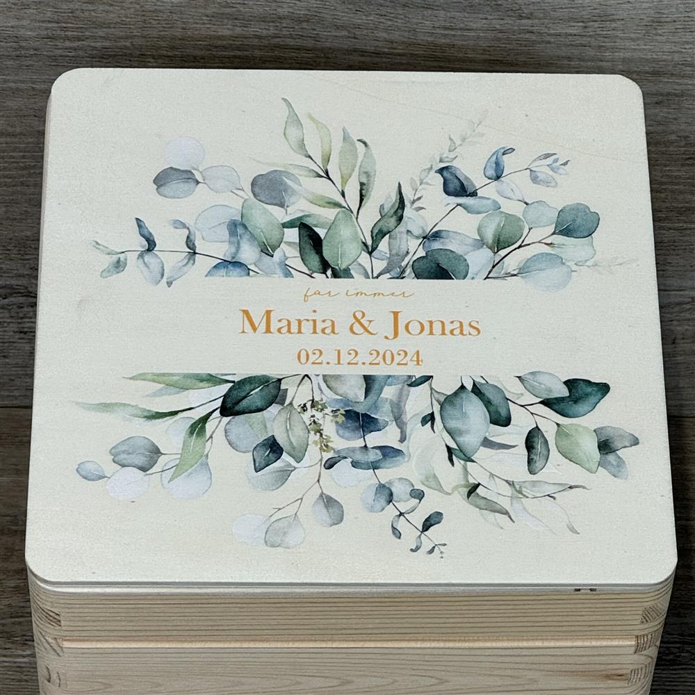 Erinnerungsbox Hochzeit, Aufdruck 'Bouquet Eukalyptus', personalisiert
