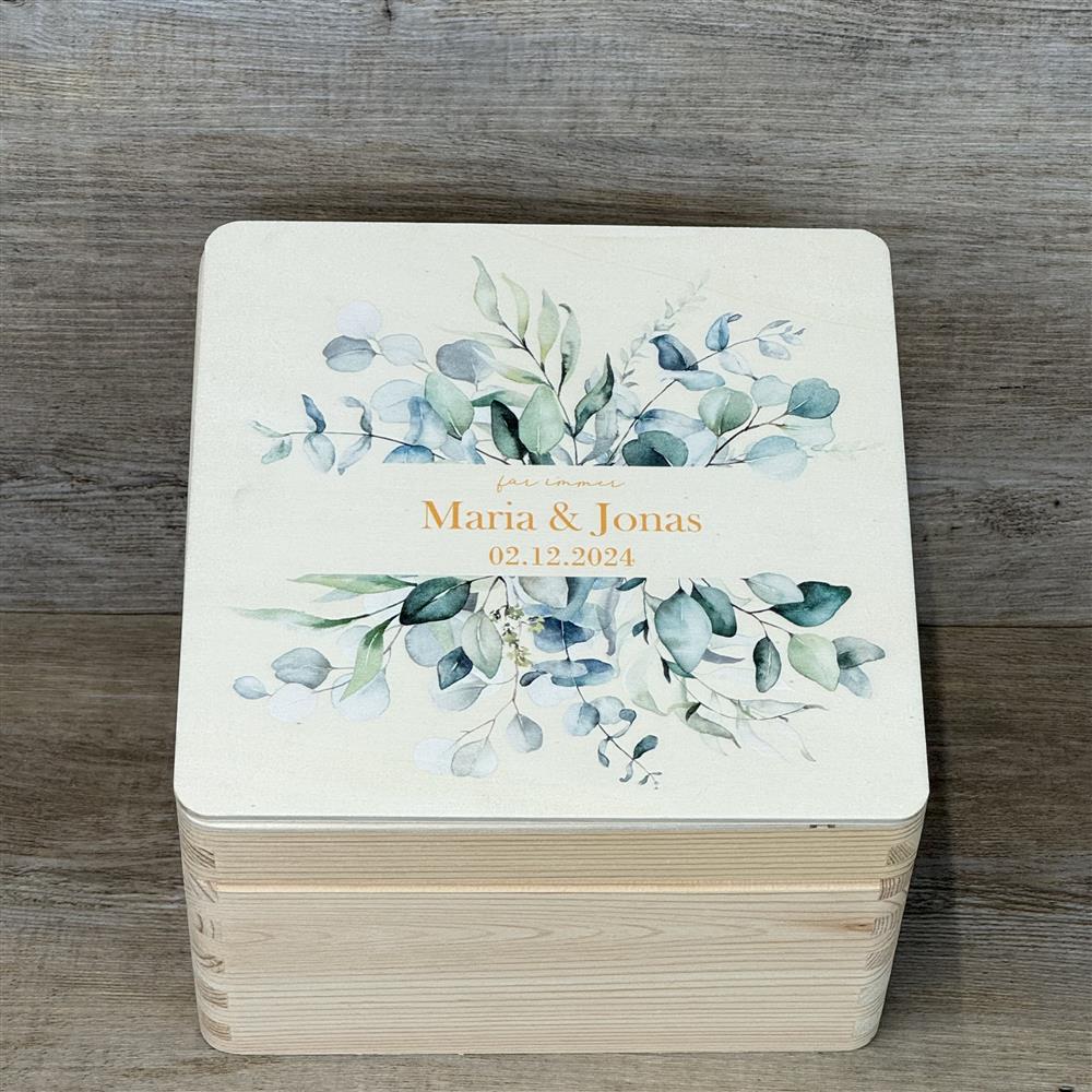 Erinnerungsbox Hochzeit, Aufdruck 'Bouquet Eukalyptus', personalisiert