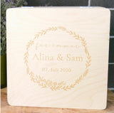 Erinnerungsbox Hochzeit, Lasergravur Kranz, personalisiert