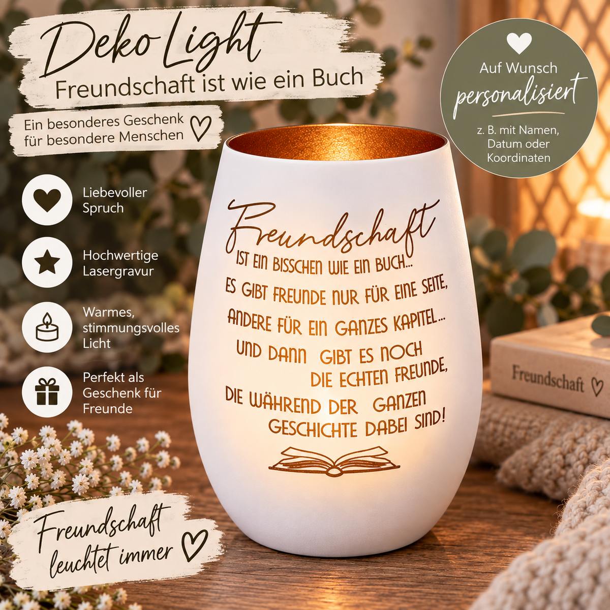 Deko Light „Freundschaft ist wie ein Buch“ – Geschenk für beste Freundin & Freunde