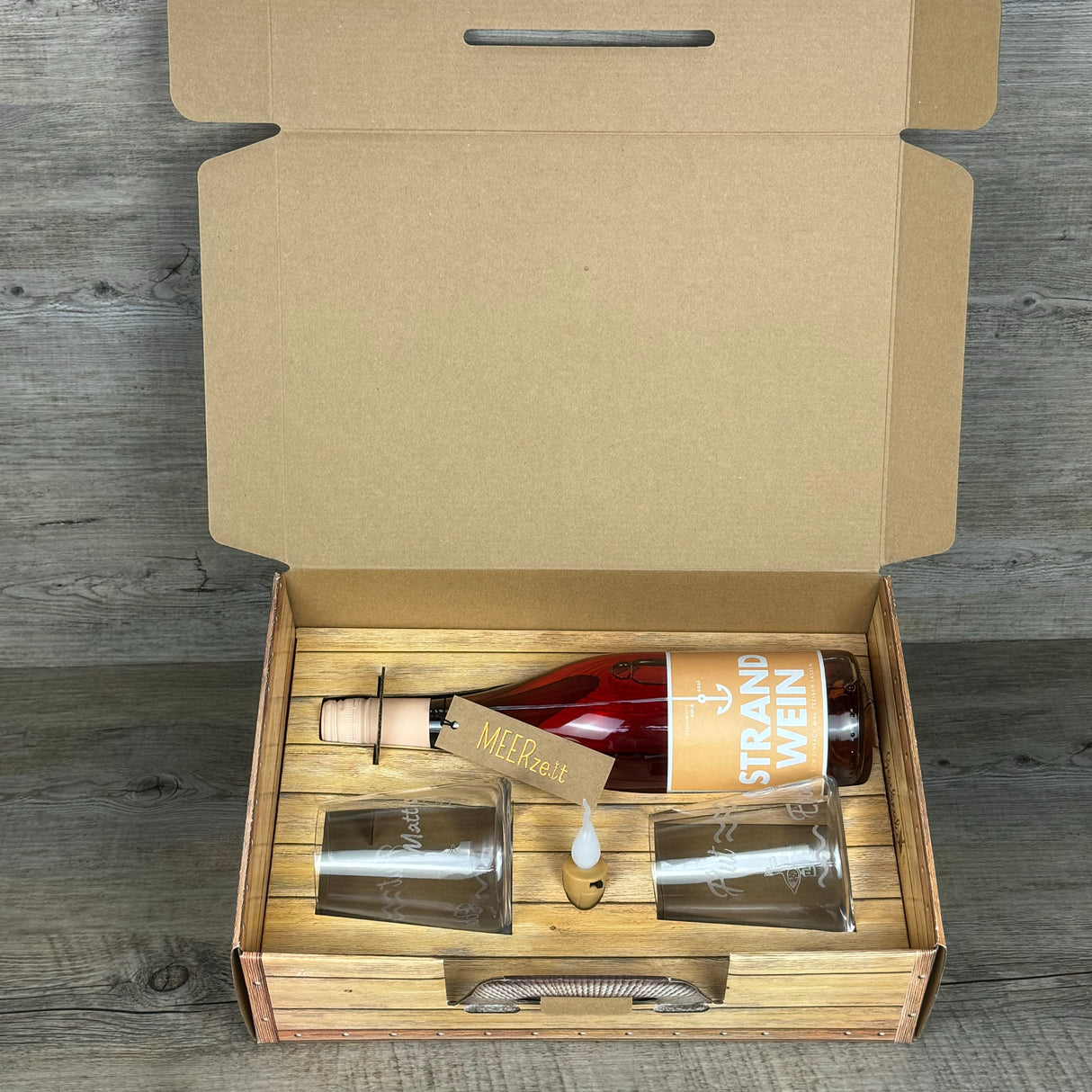 Geschenkpaket 'Meerweh', groß, Strandwein inkl. LED Kerzenlicht