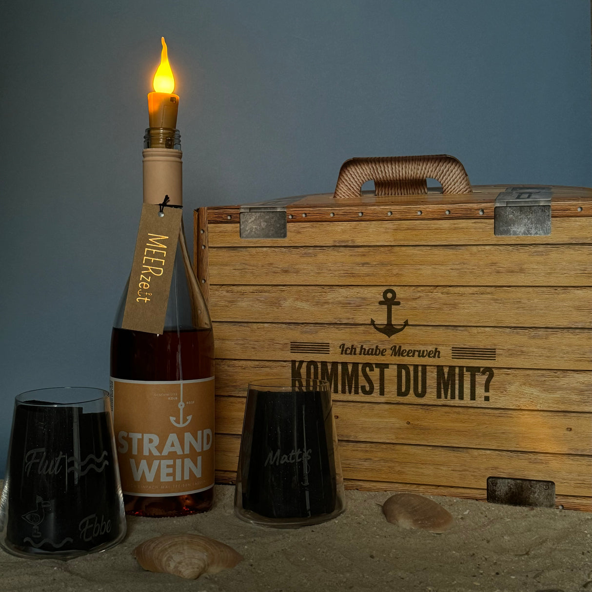 Geschenkpaket 'Meerweh', groß, Strandwein inkl. LED Kerzenlicht