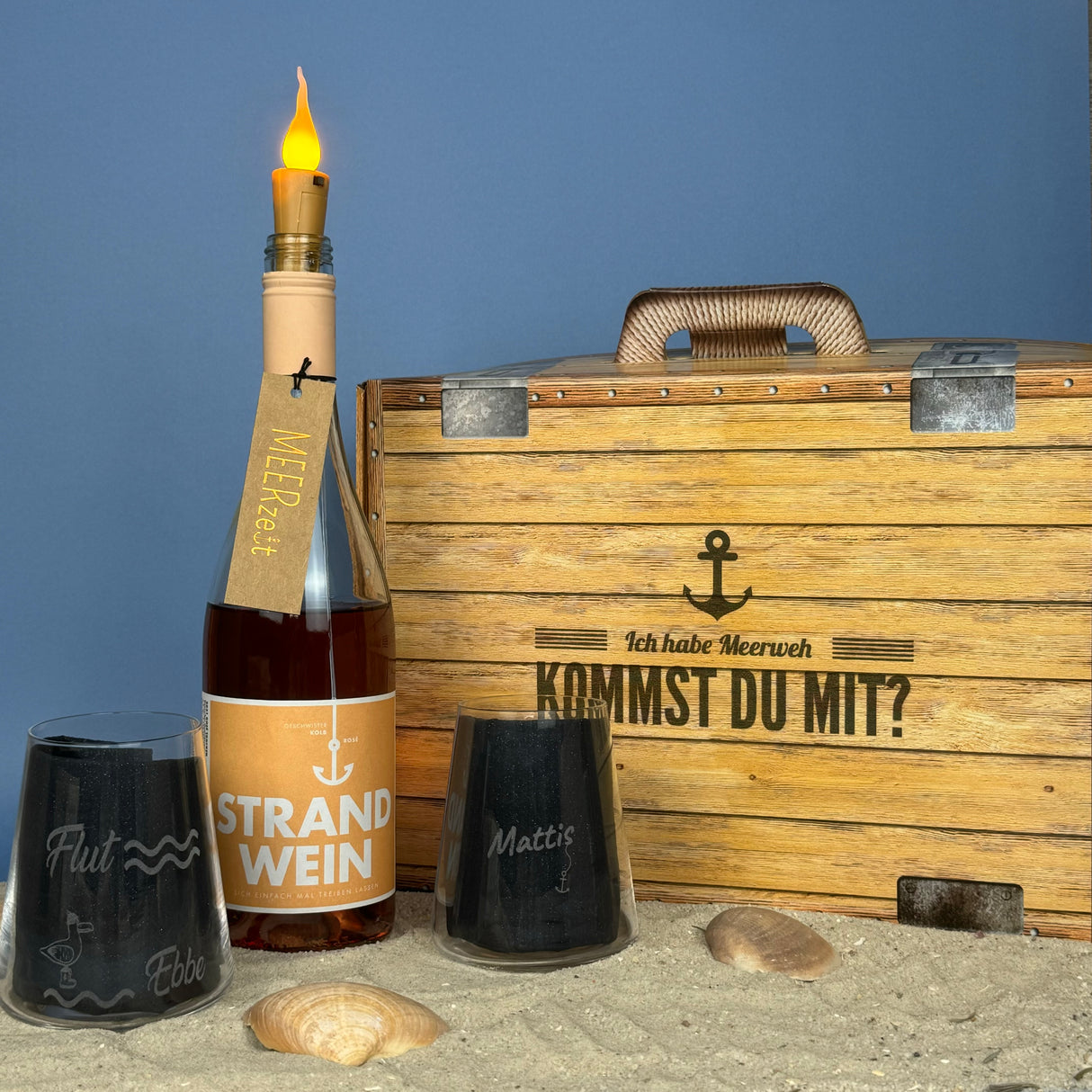 Geschenkpaket 'Meerweh', groß, Strandwein inkl. LED Kerzenlicht
