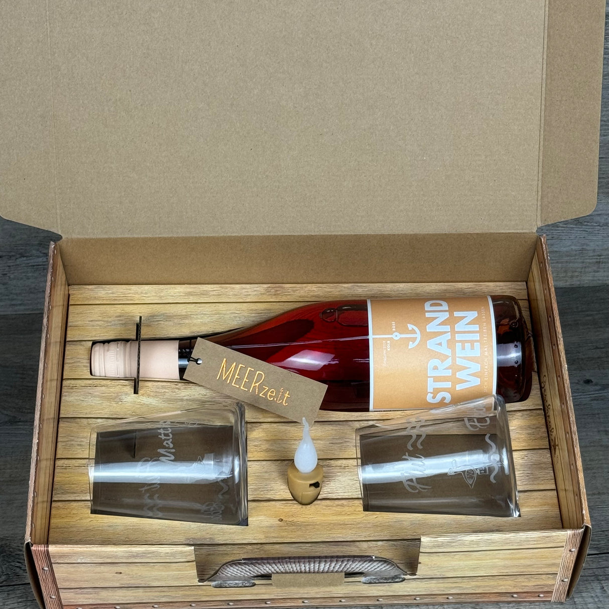 Geschenkpaket 'Meerweh', groß, Strandwein inkl. LED Kerzenlicht