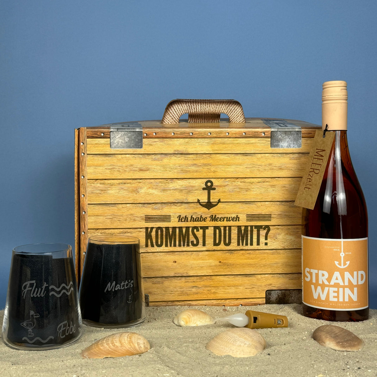 Geschenkpaket 'Meerweh', groß, Strandwein inkl. LED Kerzenlicht