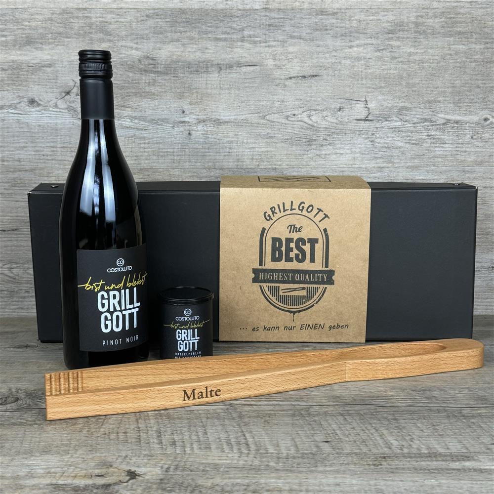 Geschenkpaket 'Grillgott', personalisierte Grillzange und Weinflasche Grillgott