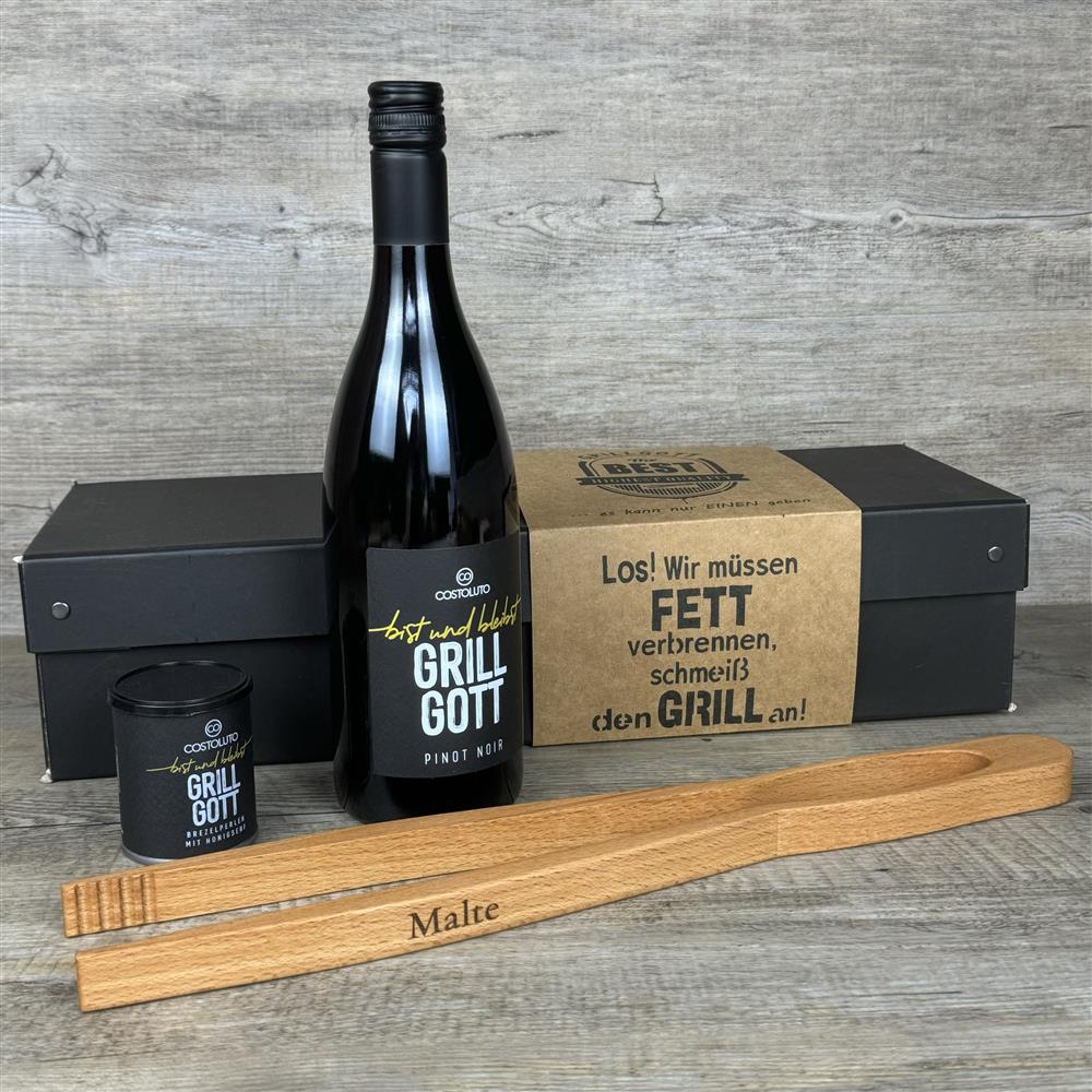 Geschenkpaket 'Grillgott', personalisierte Grillzange und Weinflasche Grillgott