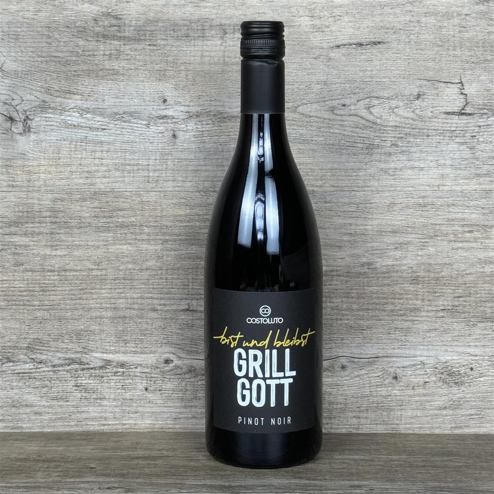 Geschenkpaket 'Grillgott', personalisierte Grillzange und Weinflasche Grillgott