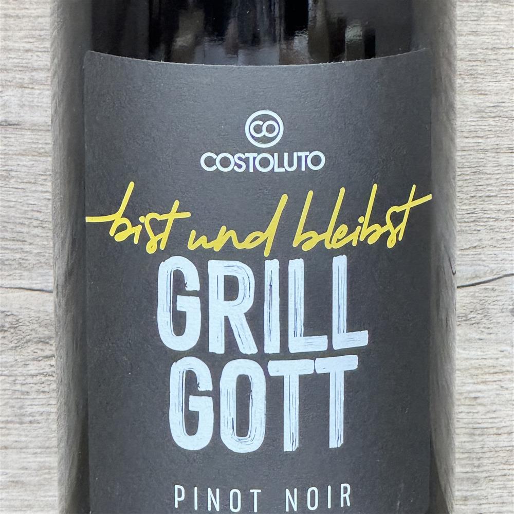 Geschenkpaket 'Grillgott', personalisierte Grillzange und Weinflasche Grillgott