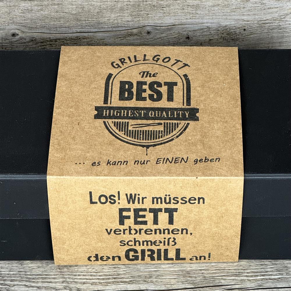 Geschenkpaket 'Grillgott', personalisierte Grillzange und Weinflasche Grillgott