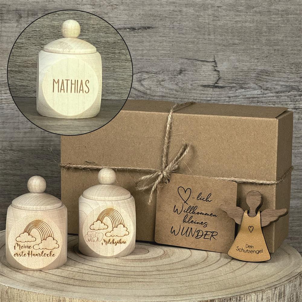 Geschenkset Holzdose 'Meine erste Haarlocke' und ' Milchzähne', personalisiert