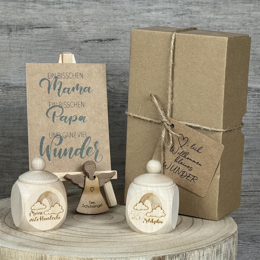 Geschenkset Holzdose 'Meine erste Haarlocke' und ' Milchzähne', personalisiert