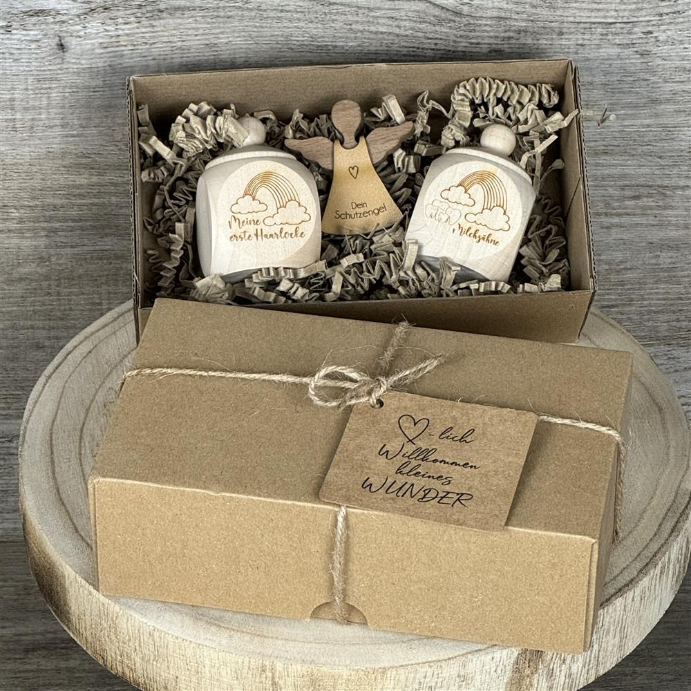 Geschenkset Holzdose 'Meine erste Haarlocke' und ' Milchzähne', personalisiert