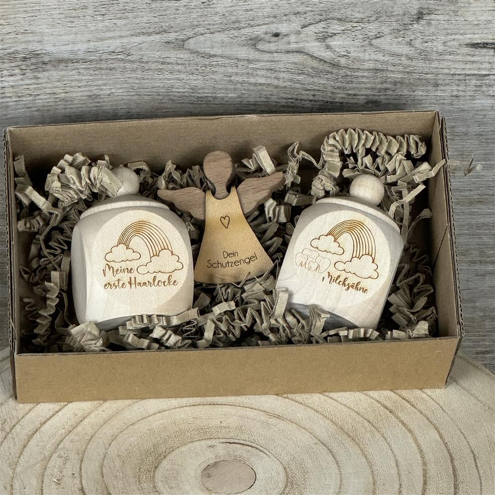 Geschenkset Holzdose 'Meine erste Haarlocke' und ' Milchzähne', personalisiert
