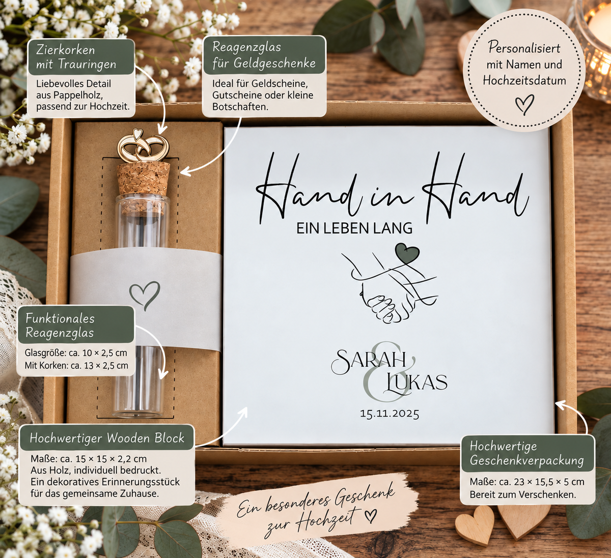 Geschenkset zur Hochzeit – personalisiertes Geldgeschenk für das Brautpaar