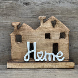 Haus aus Mangoholz mit dem Metall Schriftzug "Home" | personalisiert
