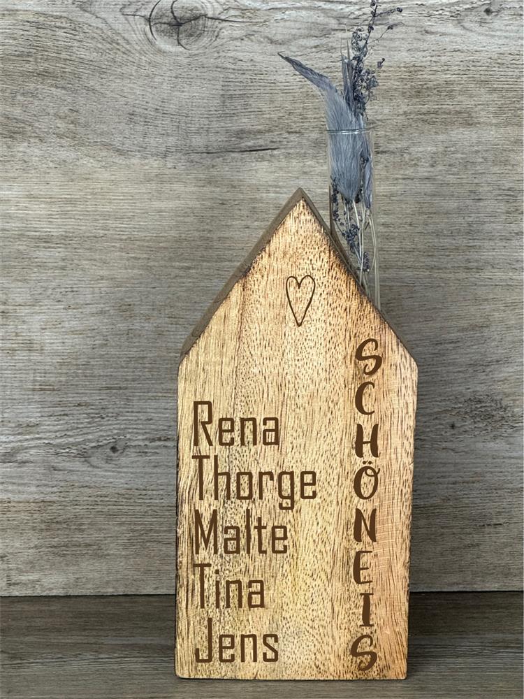 Haus aus Mangoholz mit Reagenzglas und Trockenblumen, personalisierbar